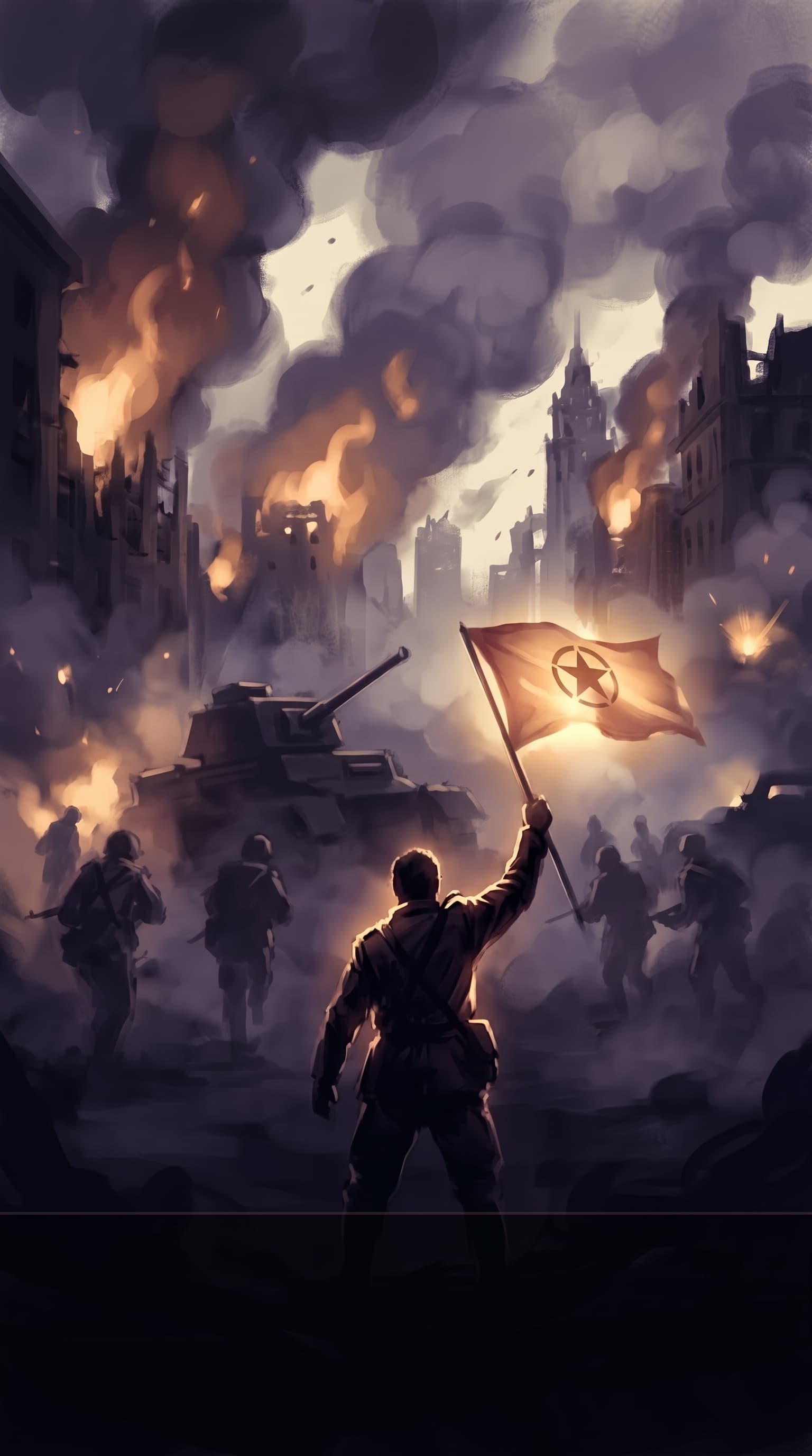 Soldado de espaldas alzando una bandera sobre una ciudad en guerra